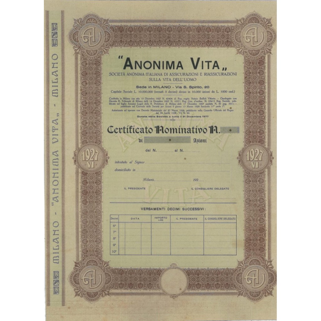 ANONIMA VITA - AZIONI - 1927