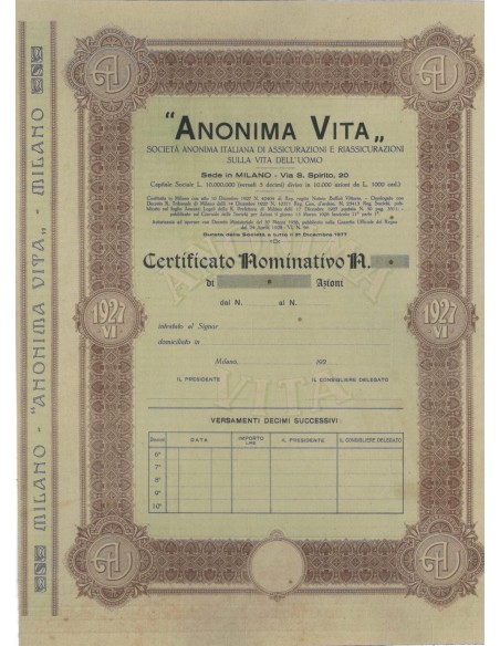 ANONIMA VITA - AZIONI - 1927