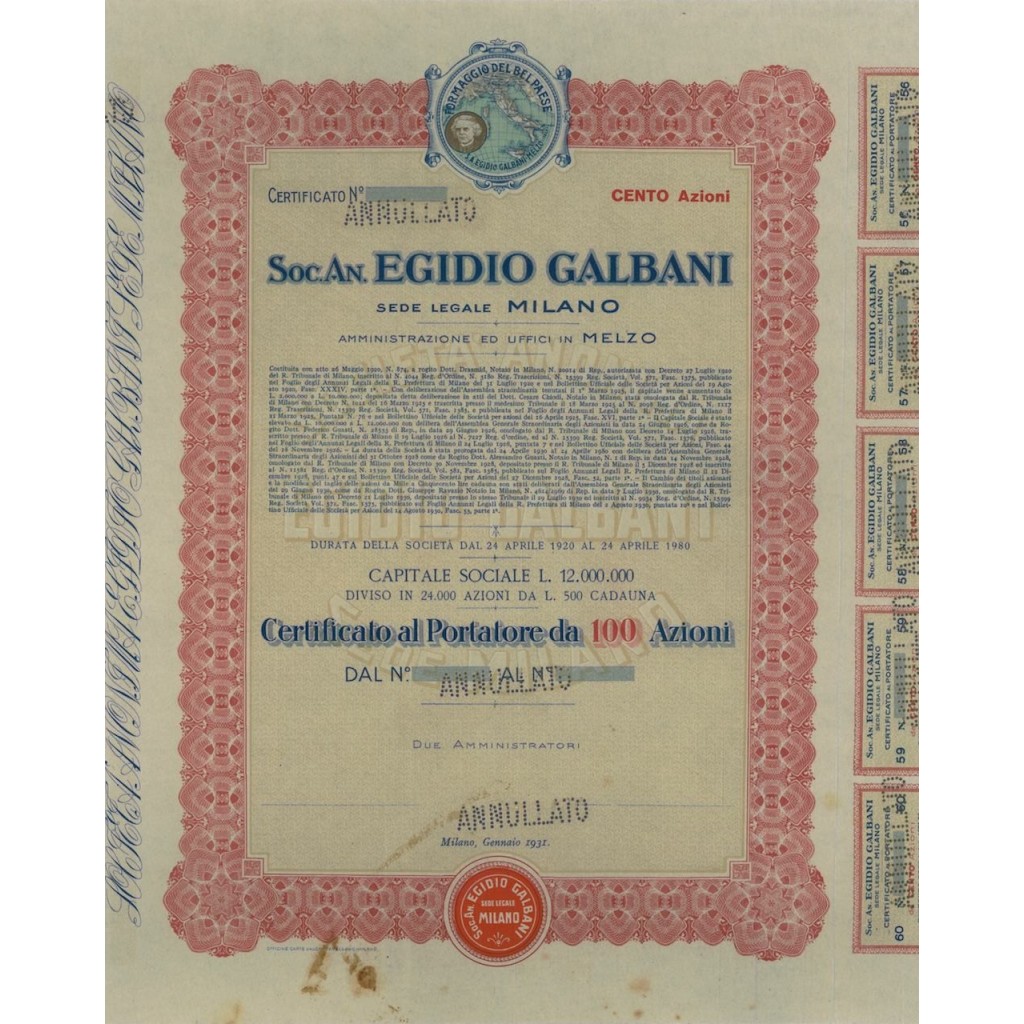 SOC. AN. EGIDIO GALBANI - 100 AZIONI - 1931