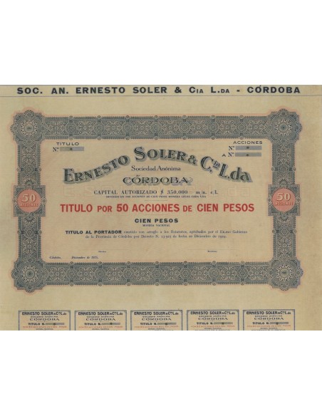 ERNESTO OLER E C.IA L.DA - 50 AZIONI - CORDOBA - 1925