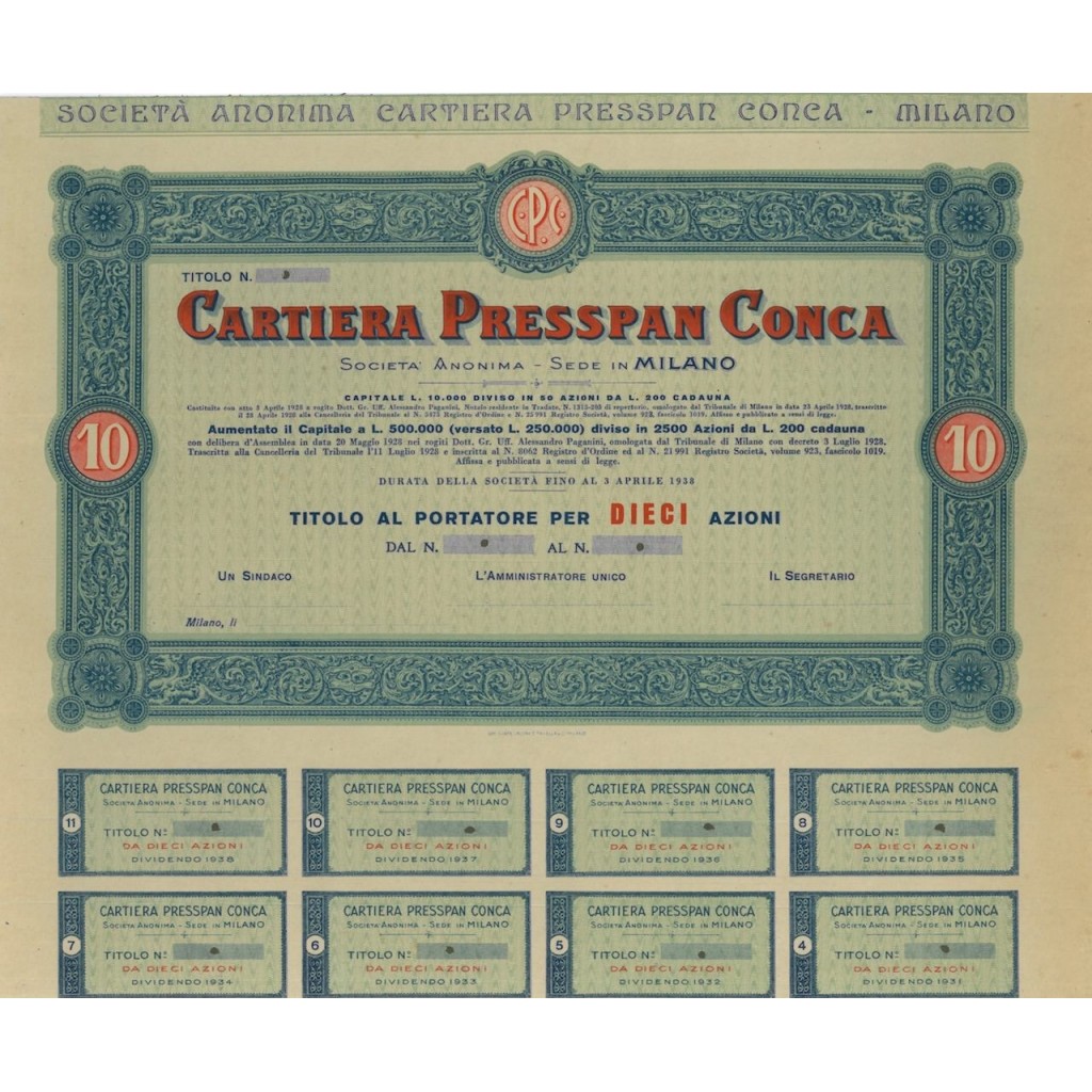 CARTIERE PRESSPAN CONCA - 10 AZIONI - 1928