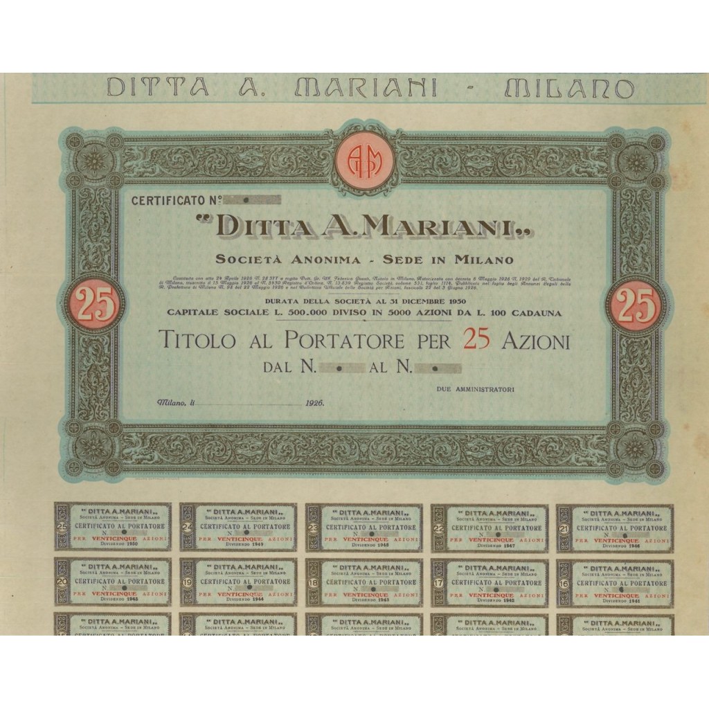 DITTA A. MARIANI - 25 AZIONI - 1926