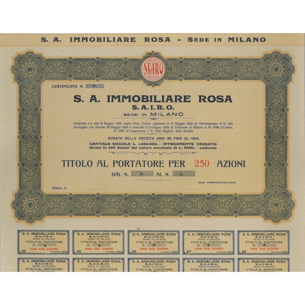 S.A. IMMOBILIARE ROSA - 250 AZIONI - MILANO 1924