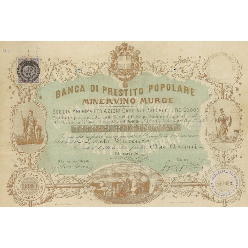 BANCA DI PRESTITO POPOLARE MINERVINO MURGE - 2 AZIONI 1885