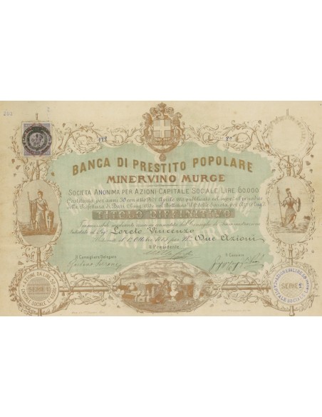 BANCA DI PRESTITO POPOLARE MINERVINO MURGE - 2 AZIONI 1885