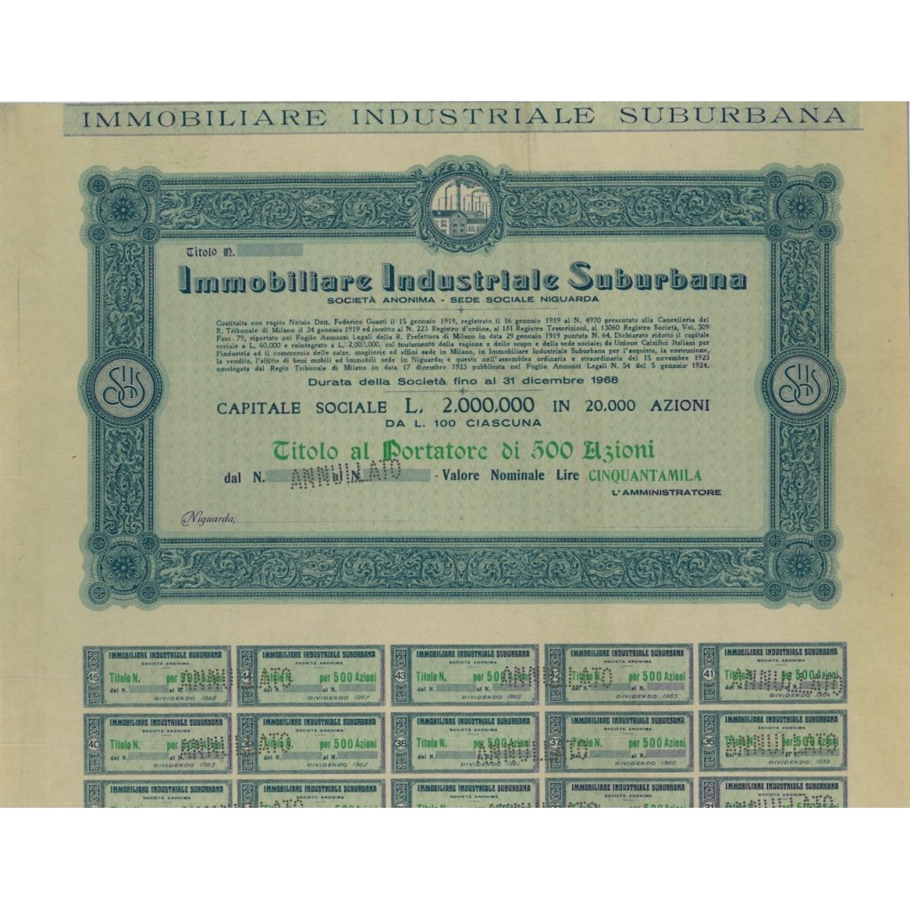 IMMOBILIARE IND. SUBURBANA - 500 AZIONI - 1919