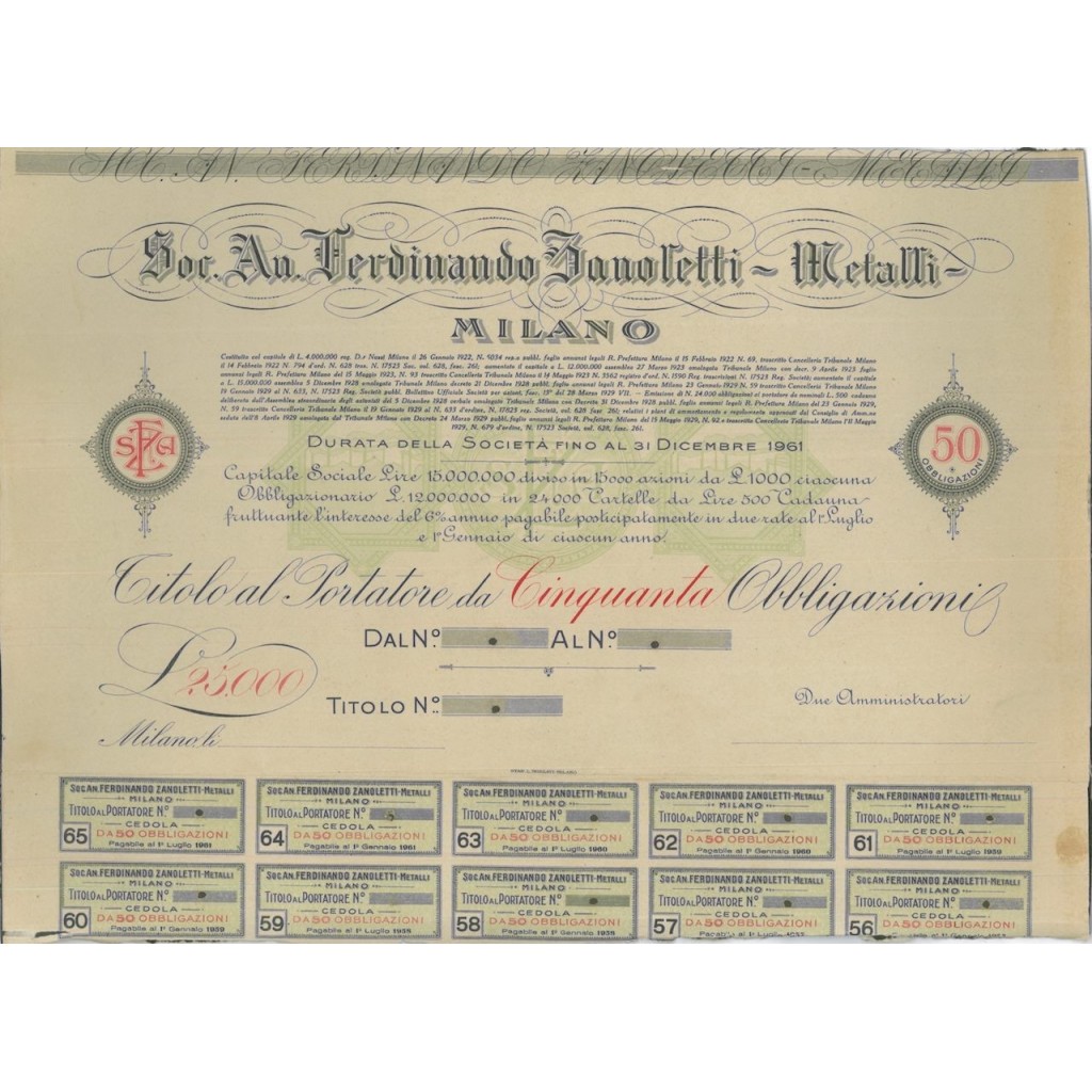 SOC. AN.FERDINANDO ZANOLETTI METALLI - 500 OBBLIG. 1922