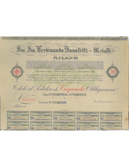 SOC. AN.FERDINANDO ZANOLETTI METALLI - 500 OBBLIG. 1922