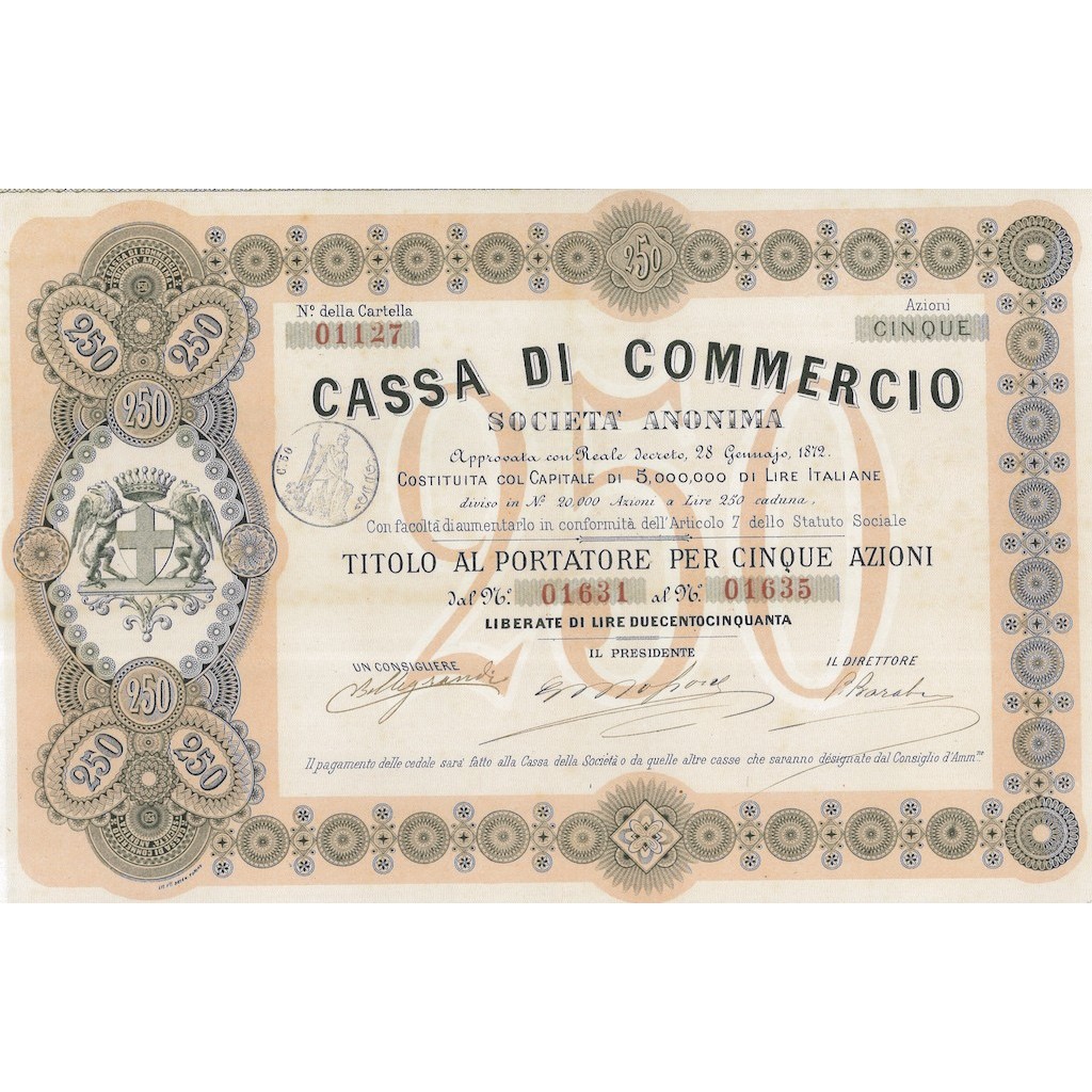 CASSA DI COMMERCIO - 5 AZIONI GENOVA 1872