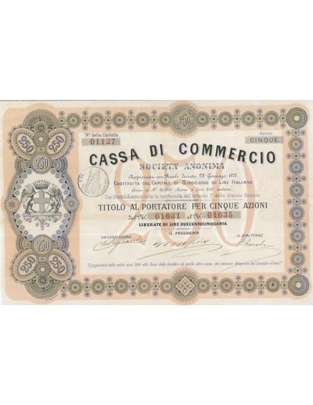 CASSA DI COMMERCIO - 5 AZIONI GENOVA 1872