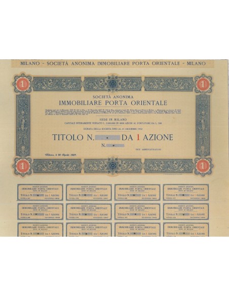 SOC. ANON. IMMOBILIARE PORTA ORIENTALE - 1 AZIONE - MILANO 1927