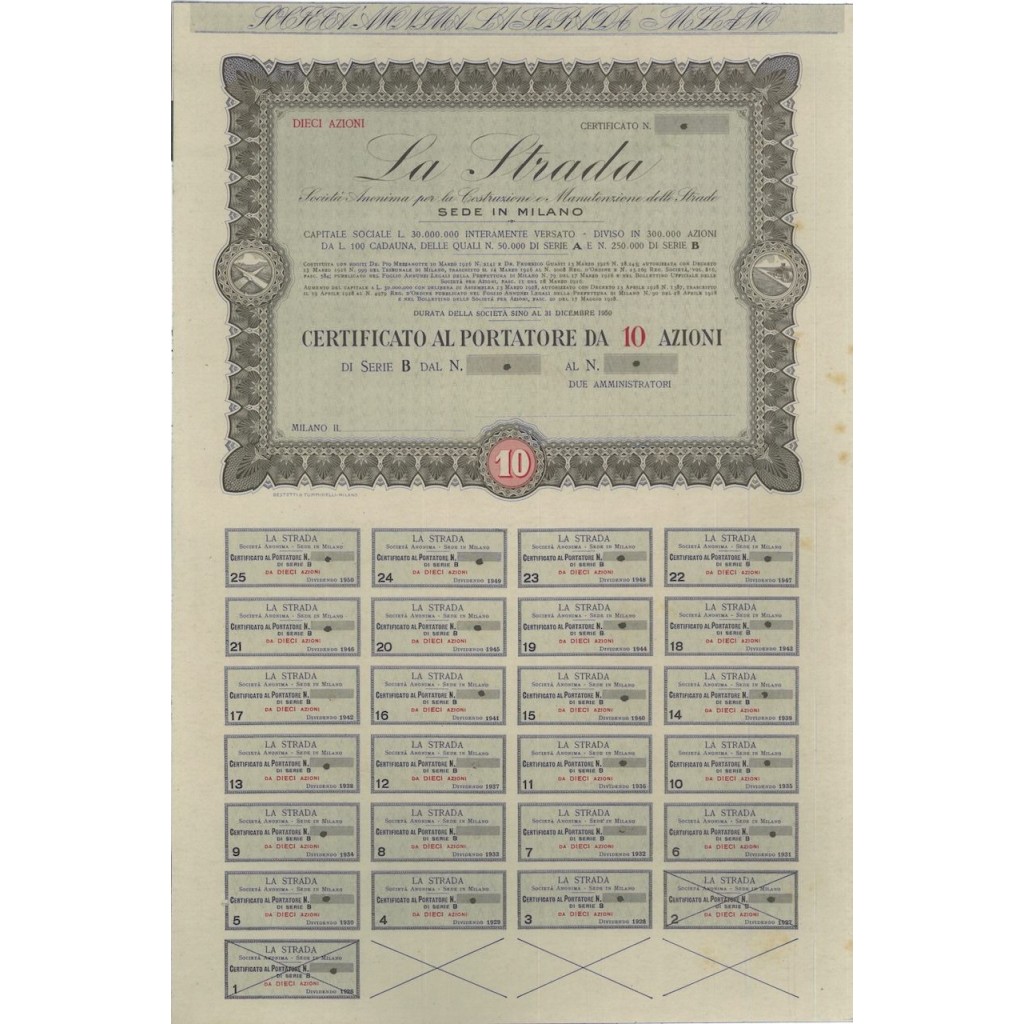 LA STRADA - SOC. ANON. PER LA COSTRUZIONE E MAN. STRADE - 10 AZIONI 1926