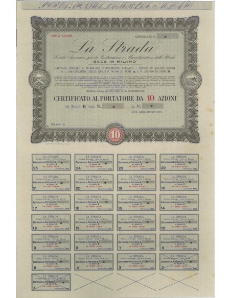 LA STRADA - SOC. ANON. PER LA COSTRUZIONE E MAN. STRADE - 10 AZIONI 1926