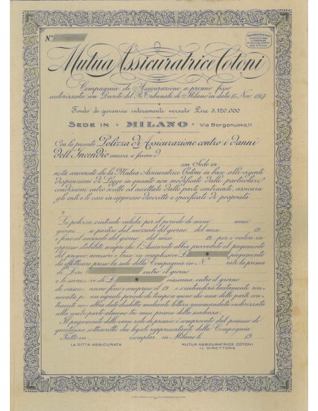 MUTUA ASSICURATRICE COTONI - POLIZZA - 1917