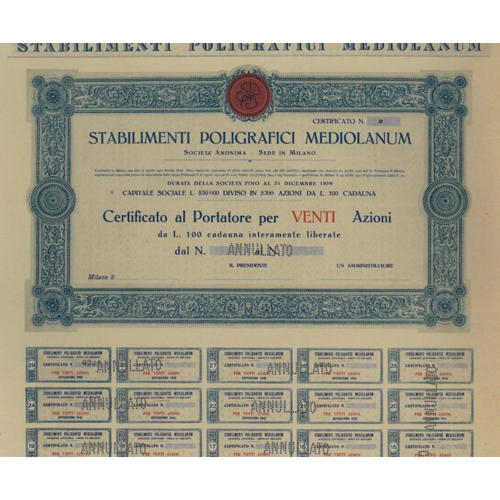 STABILIMENTI POLIGRAFICI MEDIOLANUM - 10 AZIONI - 1922