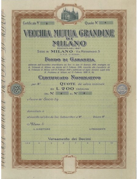 VECCHIA MUTUA GRANDINE - QUOTE - 1929