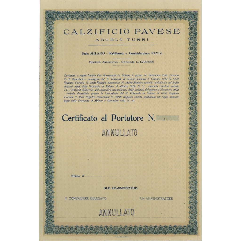 CALZIFICIO PAVESE ANGELO TURRI - AZIONI - 1922