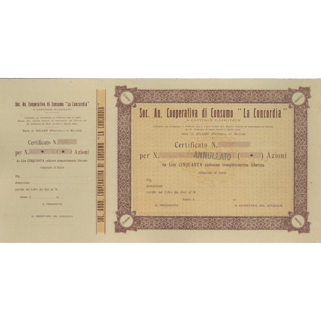 SOC. AN. COOP. DI CONSUMO LA CONCORDIA - AZIONI - 1924