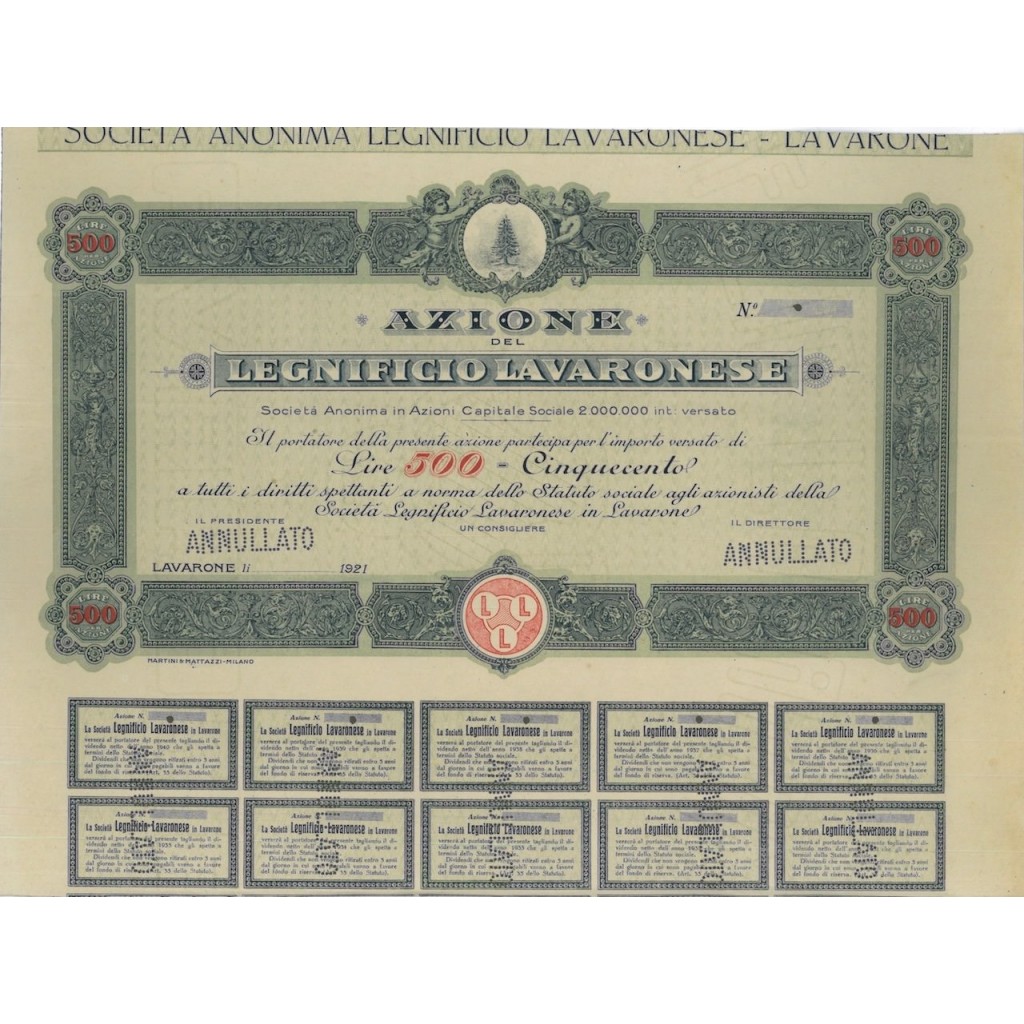 LEGNIFICIO LAVARONESE - 1 AZIONE LIRE 500 - 1921