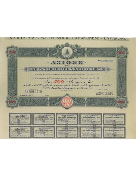 LEGNIFICIO LAVARONESE - 1 AZIONE LIRE 500 - 1921