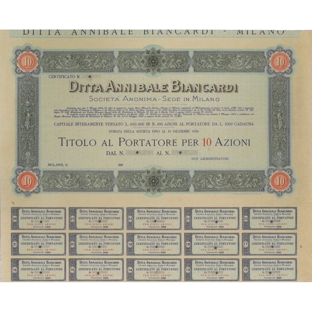 DITTA ANNIBALE BIANCARDI - 10 AZIONI - 1925