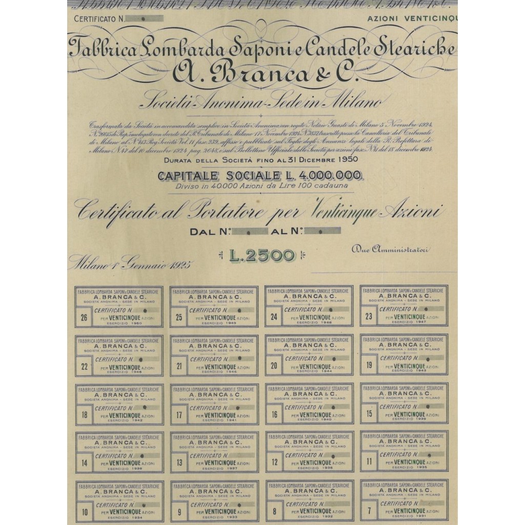 FABBRICA LOMBARDA SAPONI E CANDELE STEARICHE - 25 AZIONI - 1925