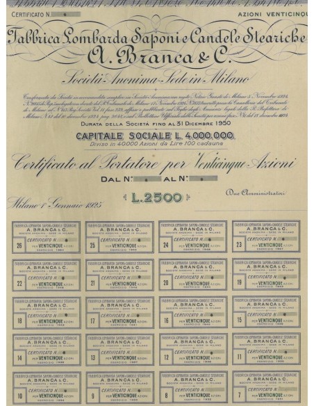 FABBRICA LOMBARDA SAPONI E CANDELE STEARICHE - 25 AZIONI - 1925
