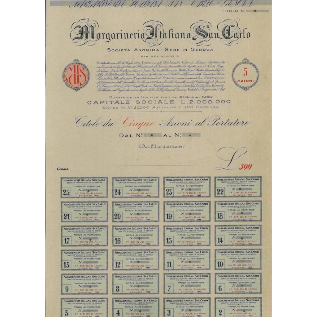 MARGARINERIA ITALIANA SAN CARLO - 5 AZIONI - 1926