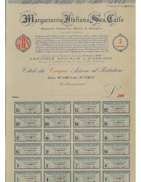 MARGARINERIA ITALIANA SAN CARLO - 5 AZIONI - 1926