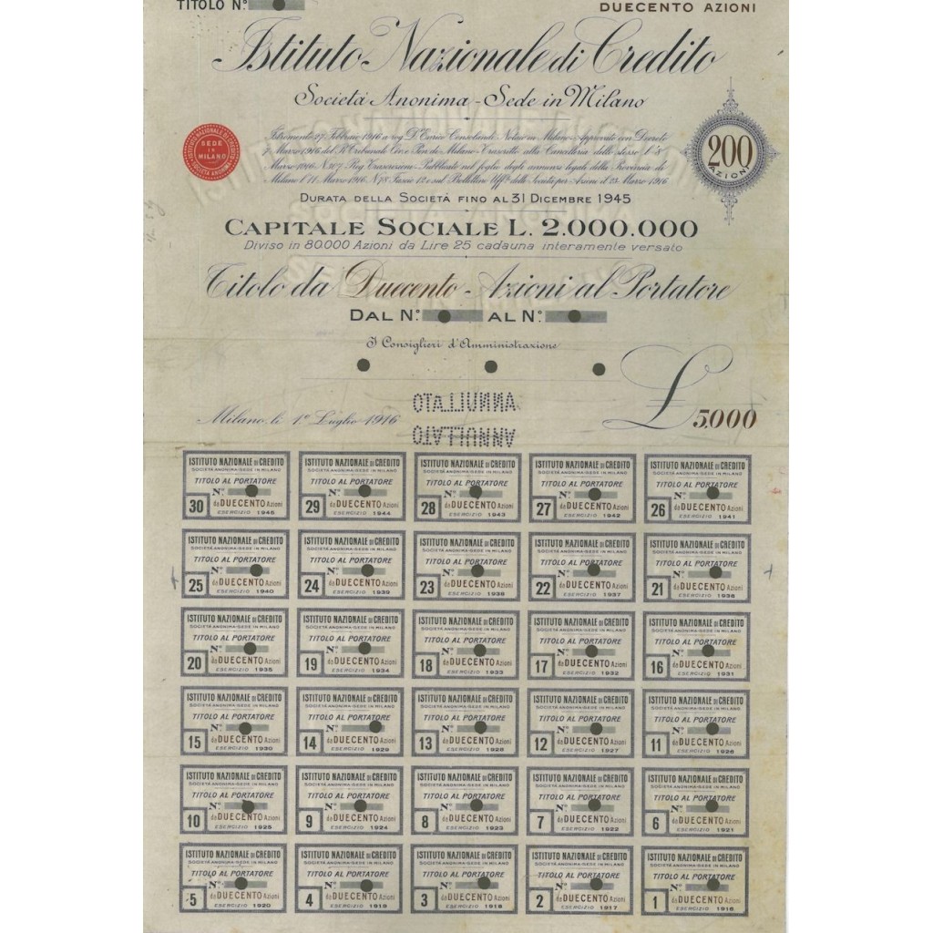 ISTITUTO NAZIONALE DI CREDITO - 200 AZIONI - 1916