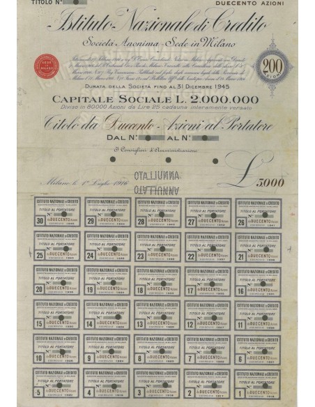 ISTITUTO NAZIONALE DI CREDITO - 200 AZIONI - 1916