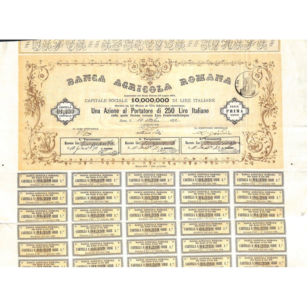 BANCA AGRICOLA ROMANA UNA AZIONE ROMA 1871