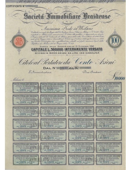 SOC. IMMOBILIARE BRAIDENSE - 100 AZIONI - 1923