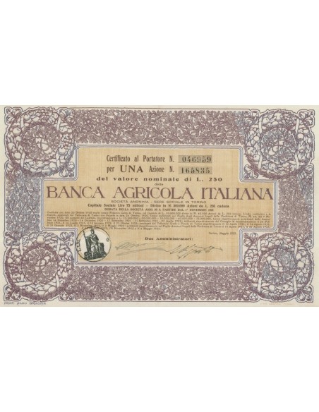BANCA AGRICOLA ITALIANA - UNA AZIONE TORINO 1923