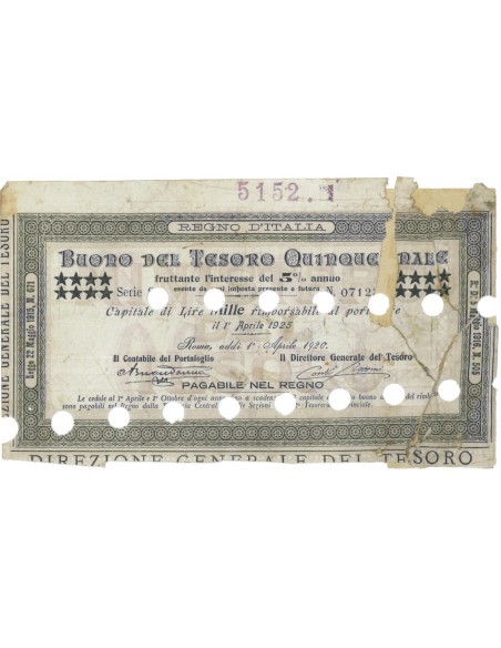BUONO DEL TESORO QUINQUENNALE - 5 PER CENTO - 1000 LIRE 1920