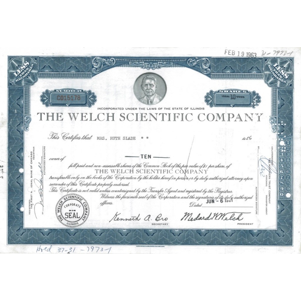 THE WELCH SCIENTIFIC COMPANY - 10 AZIONI - 1961