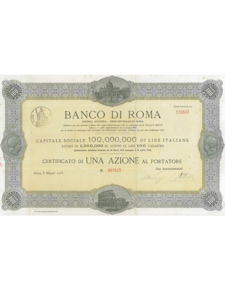 BANCO DI ROMA UNA AZIONE 1918