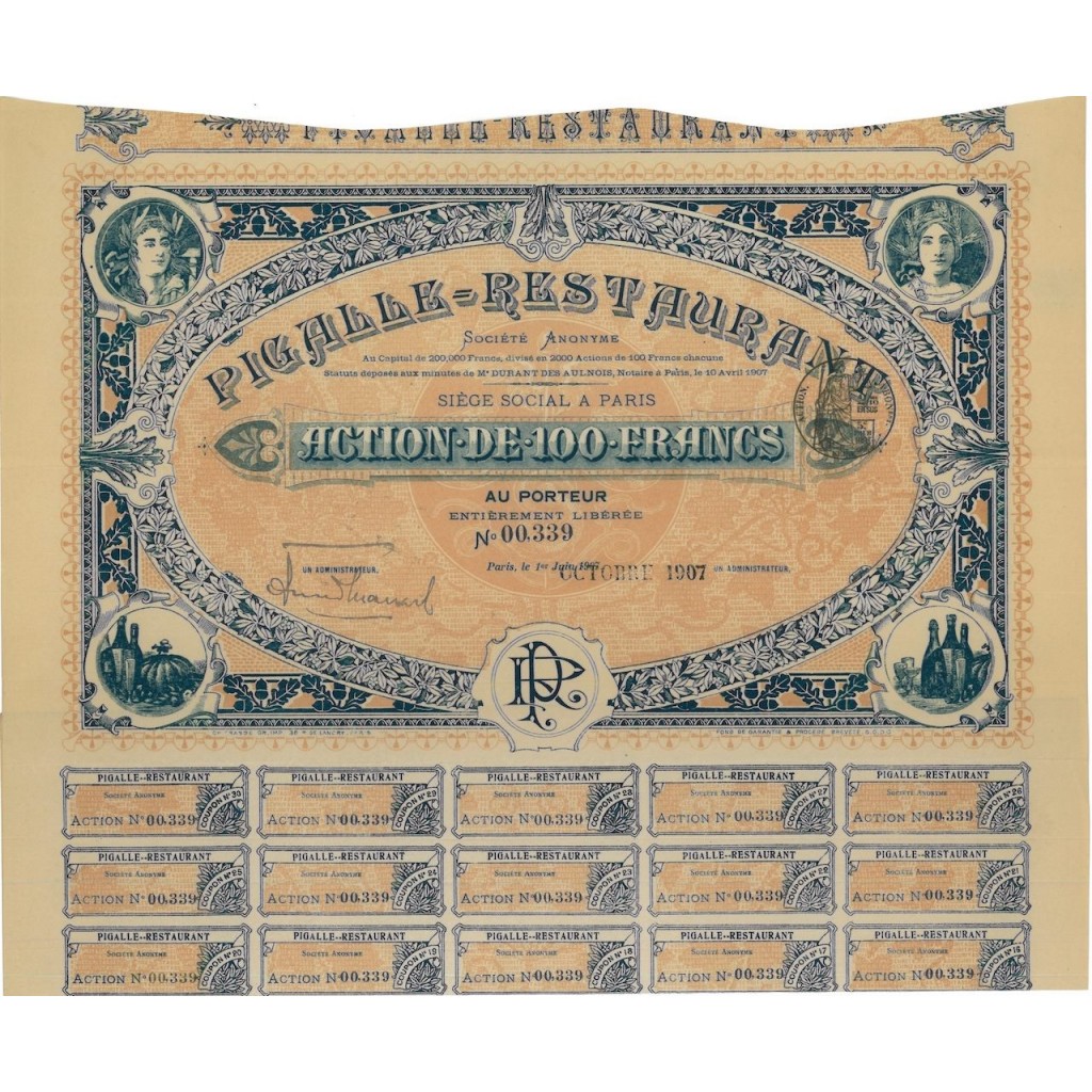 PIGALLE RESTAURANT - 1 AZIONE DA 100 FRANCHI - 1907
