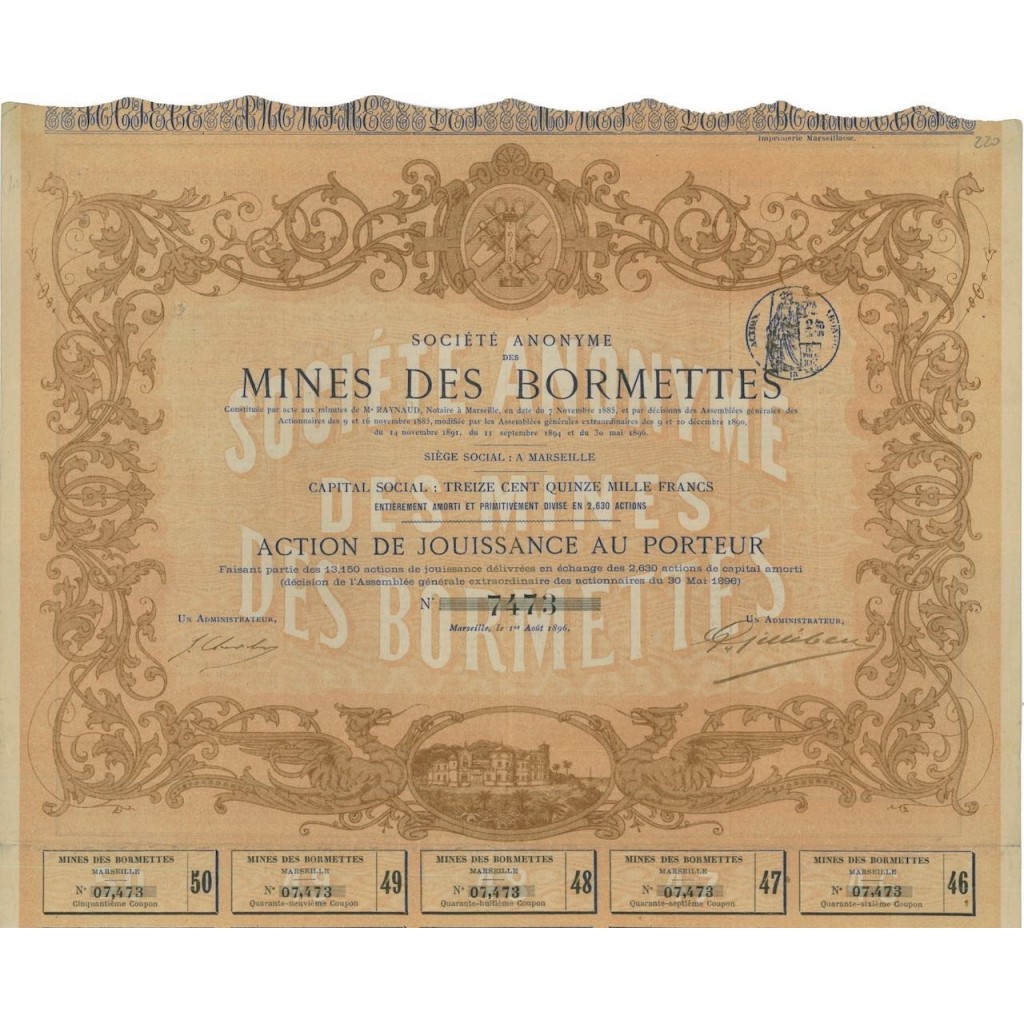 SOC. ANON. MINES DES BORMETTES - 1 AZIONE - 1896