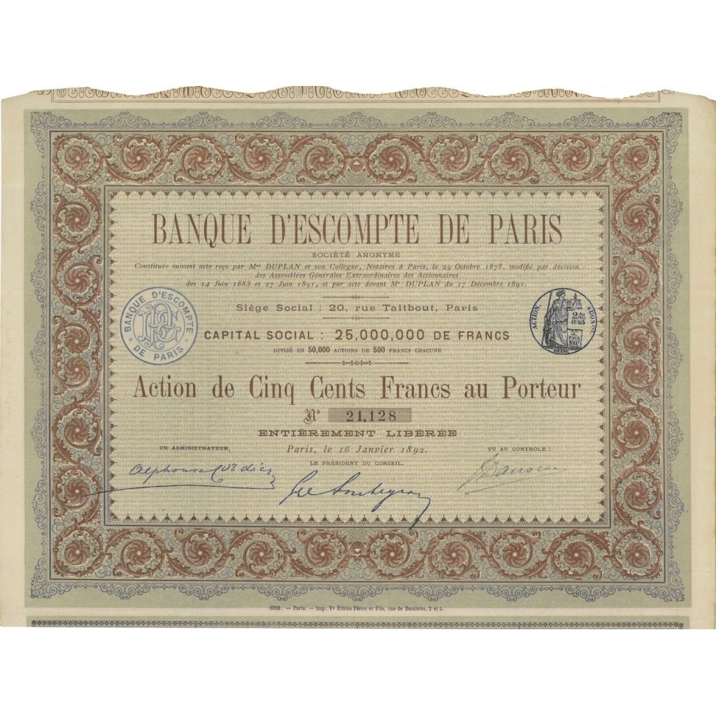 BANQUE D'ESCOMPTE DE PARIS - 1 AZIONE - 1892