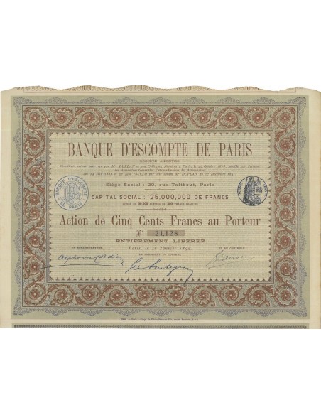 BANQUE D'ESCOMPTE DE PARIS - 1 AZIONE - 1892