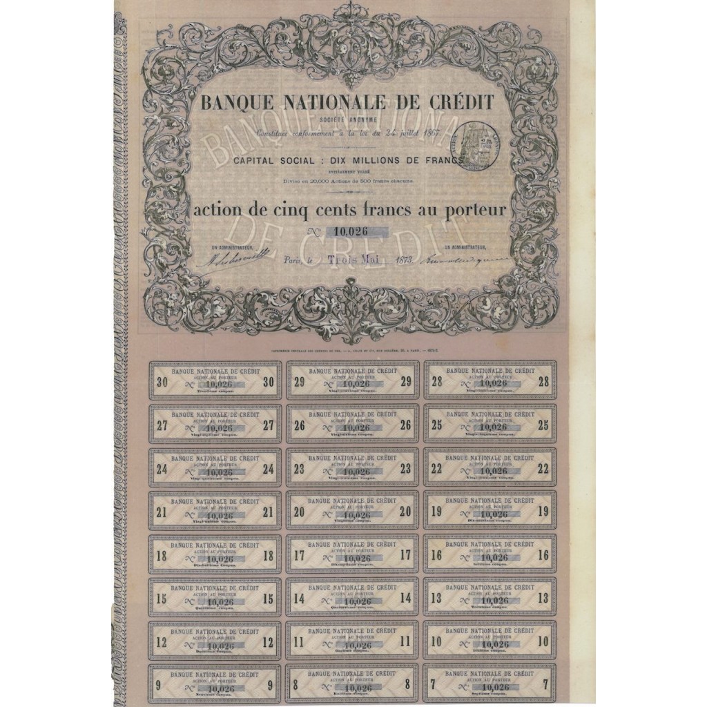 BANQUE NATIONALE DE CREDIT - 1 AZIONE DA 500 FRANCHI - 1873