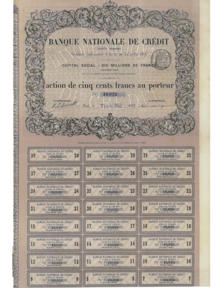 BANQUE NATIONALE DE CREDIT - 1 AZIONE DA 500 FRANCHI - 1873
