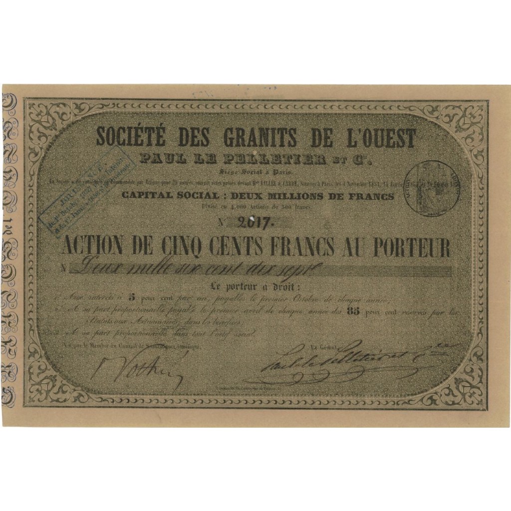 SOC. DES GRANITS DE L'OUEST - 1 AZIONE DA 500 FRANCHI - 1851