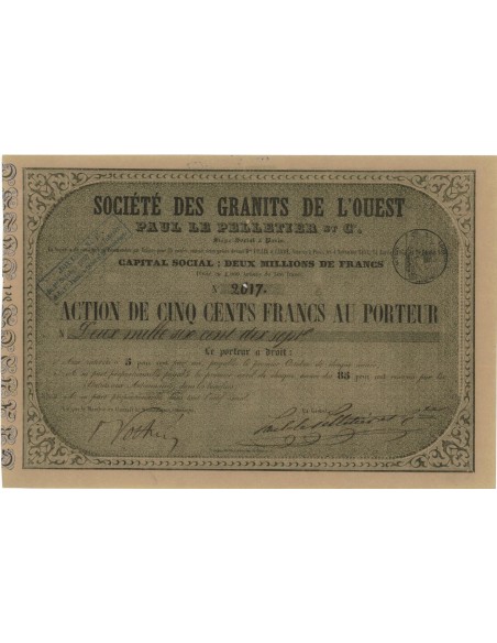 SOC. DES GRANITS DE L'OUEST - 1 AZIONE DA 500 FRANCHI - 1851