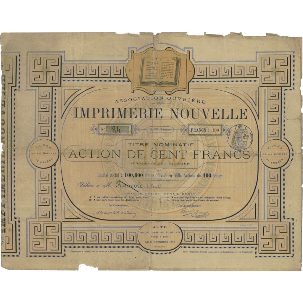 ASS. OUVRIERE IMPRIMERIE NOUVELLE - 1 AZIONE - 1869