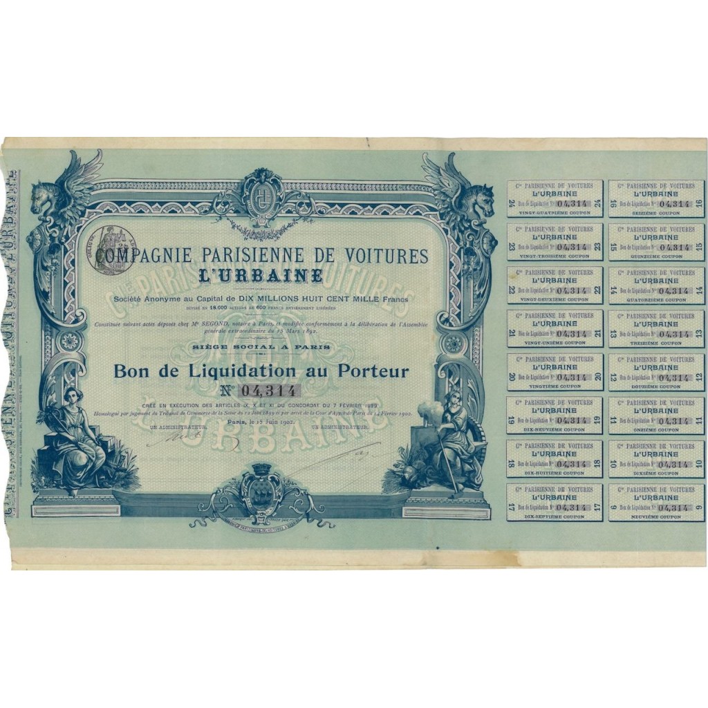 COMP. PARISIENNE DE VOUTURES L'URBAINE - BUONO DI LIQUIDAZIONE