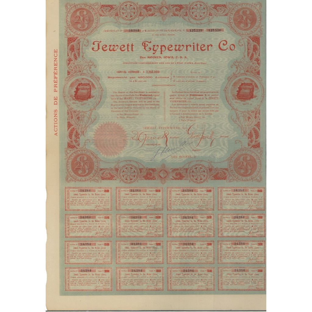 JEWETT TYPEWRITER CO - 1 AZIONE - 1904