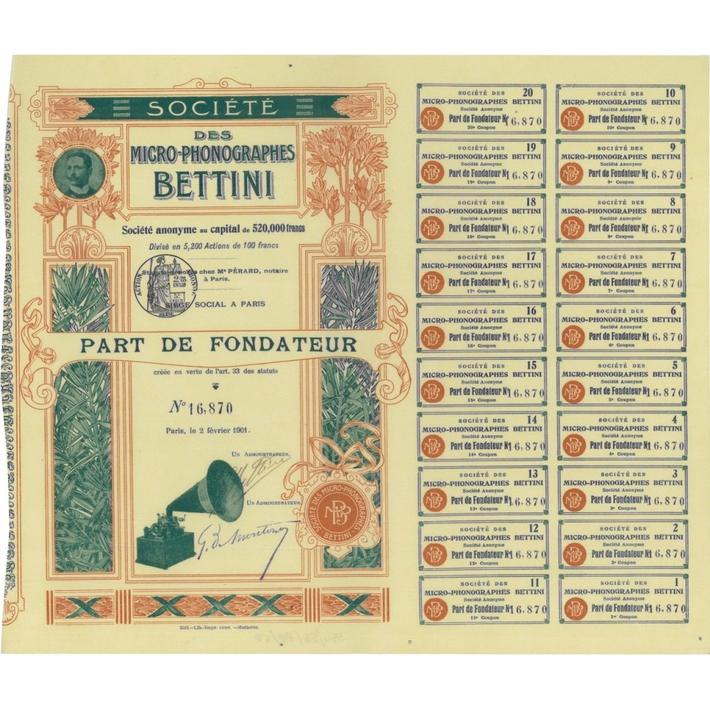 SOC. DES MICRO-PHONOGRAPHES BETTINI - 1 AZIONE DI FONDAZIONE