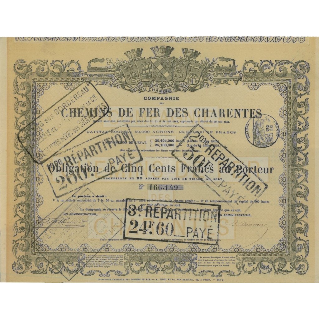 COMP. DU CHEMINS DE FER DES CHARENTES - 1 OBBLIG.